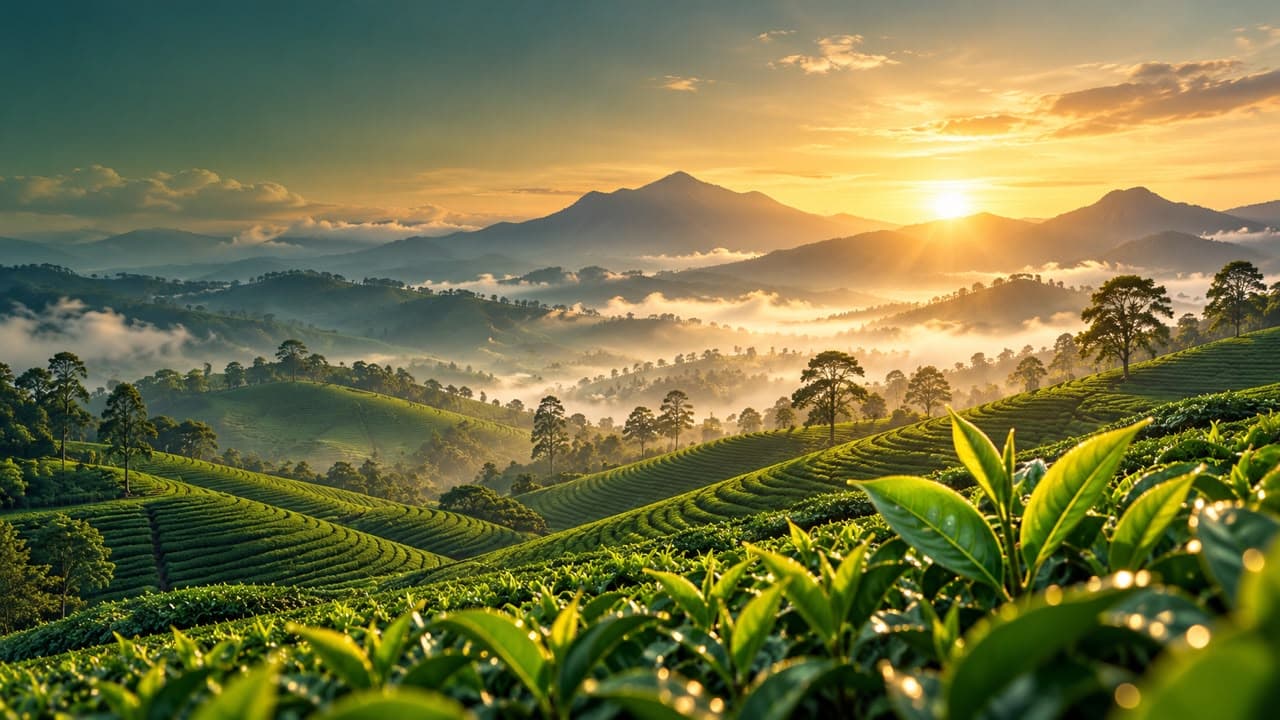 Sunrise over terraced tea estates in the misty hills of Ceylon