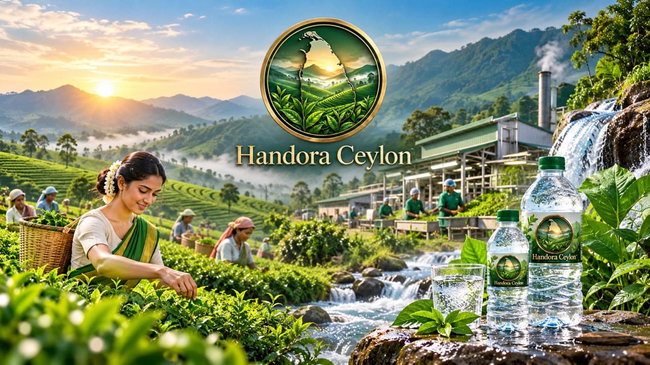 Tea pluckers harvesting leaves beside a highland stream and Handora Ceylon processing facility